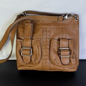 TIGNANELLO Pebbled  Leather Shoulder Bag with Dual Front Buckle Detail in Brown